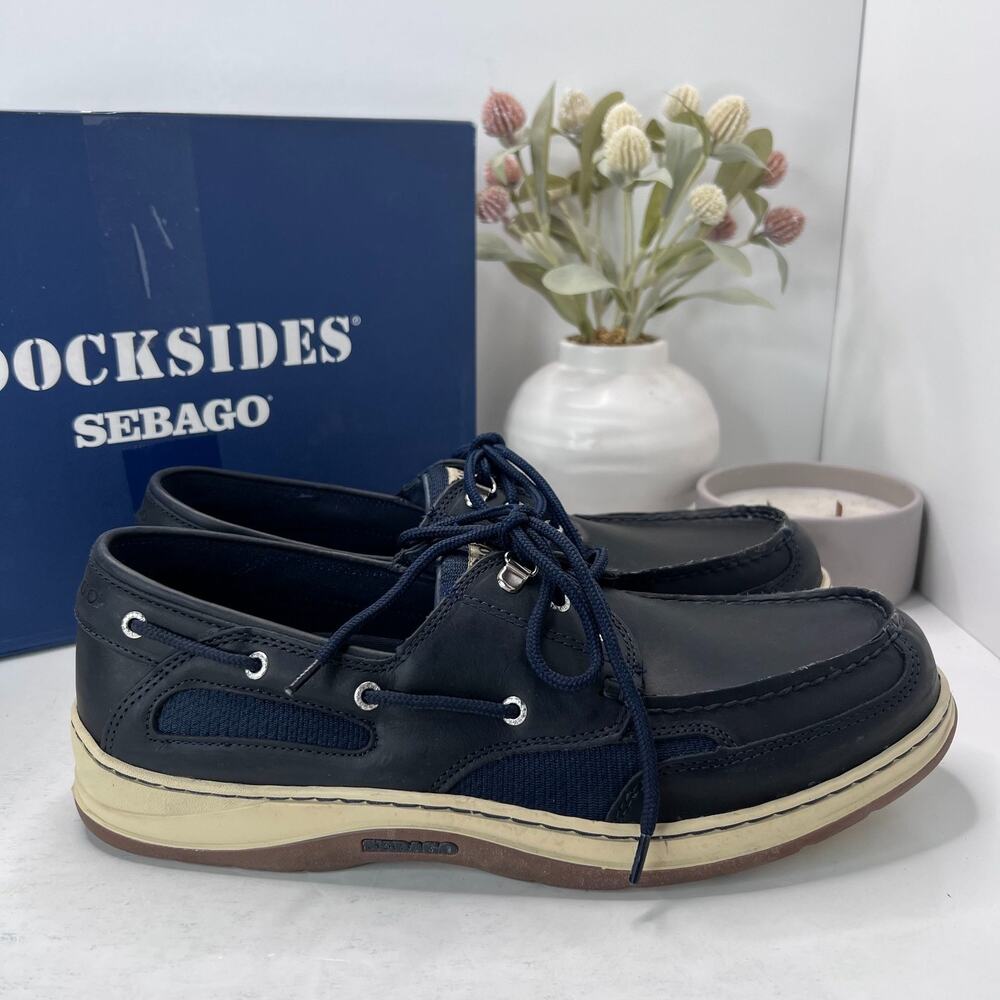 Sebago Docksides Leather Upper Boat Shoes Lace Up Navy Blue Men's 13R Tried On - Picture 7 of 10